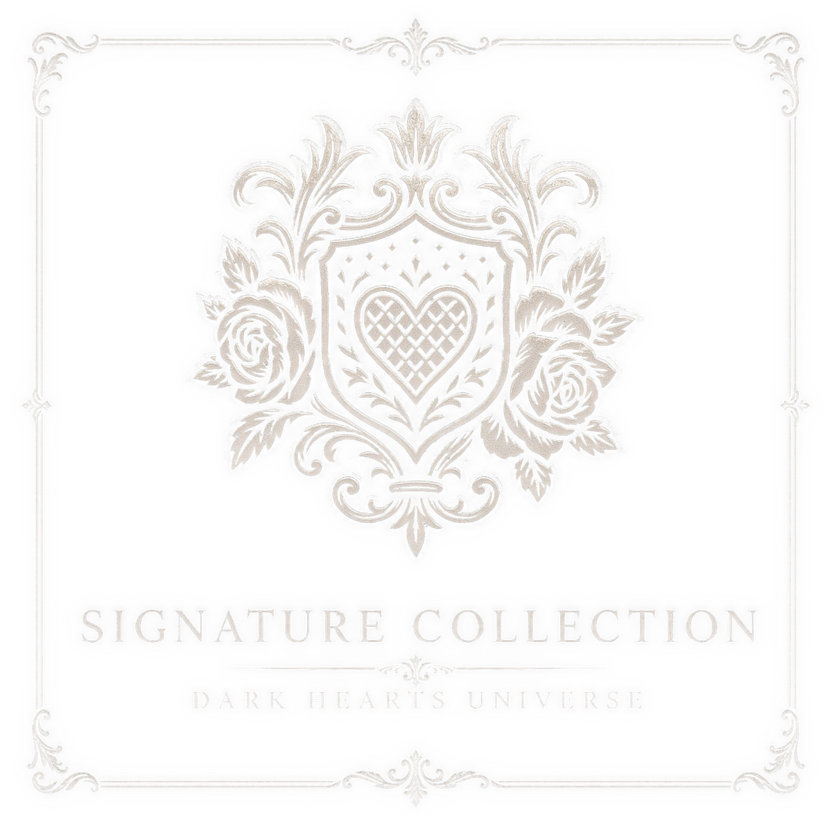 Black and white ornate crest with a heart at the center, surrounded by detailed floral patterns and two large roses on either side.