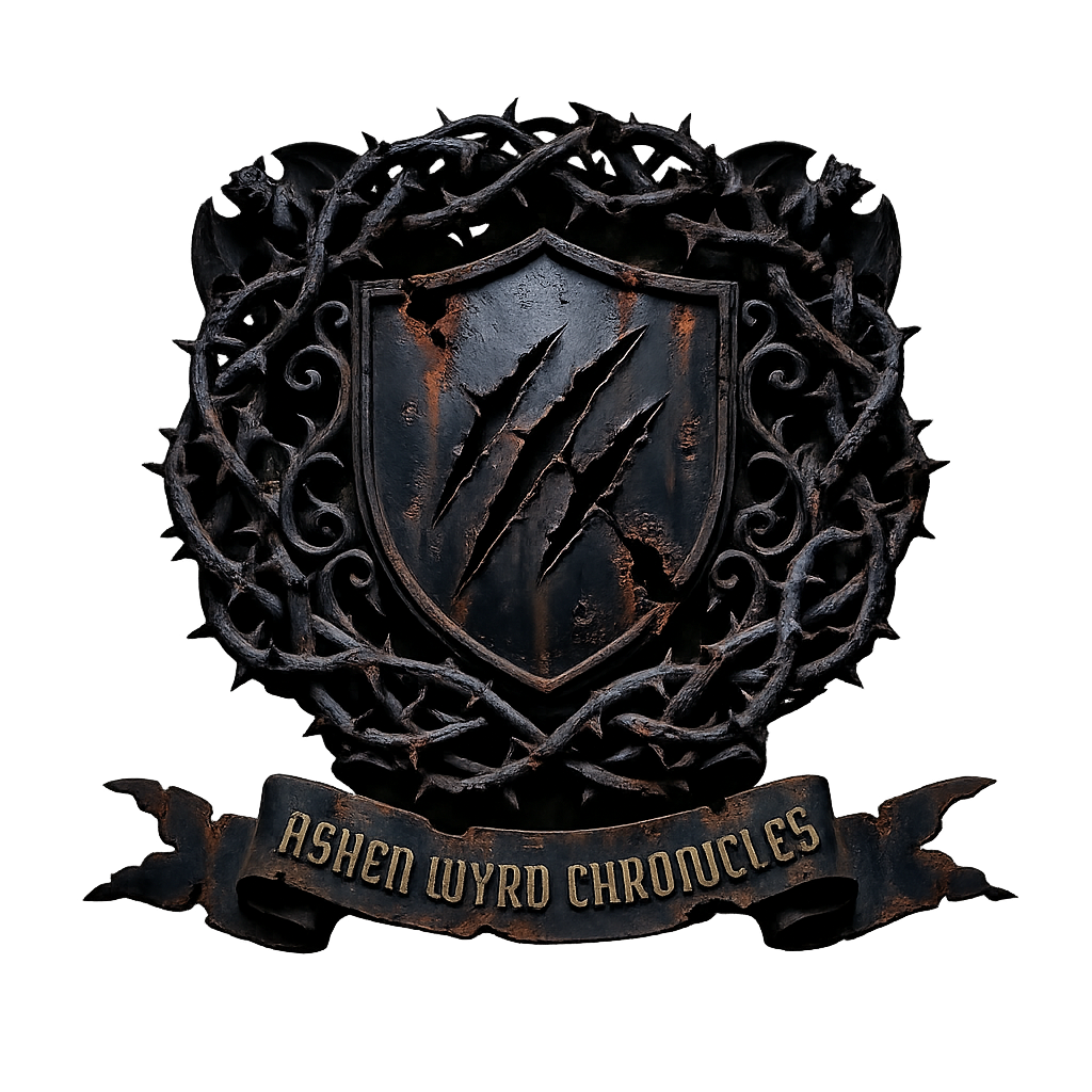 A dark, weathered shield with three claw marks is encircled by twisted, thorny vines. Below, a ribbon banner reads “ASHEN WYRD CHRONICLES.”.
