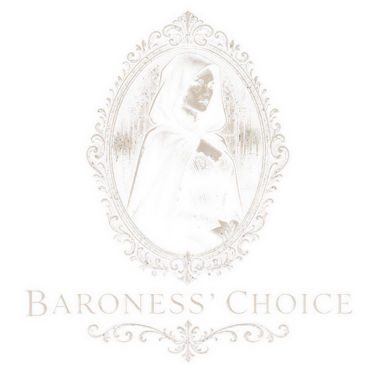 A woman in a black hooded cloak and red corset stands in a gothic, candle-lit hall with arched windows and glowing lights. Her expression is serious and mysterious.