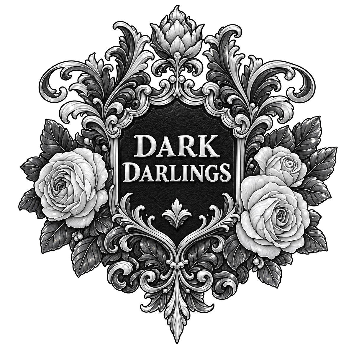 A black and white circular logo with a stack of four books in the center. The text reads “DARK DARLINGS BY DARK HEARTS SOCIETY” around the border.