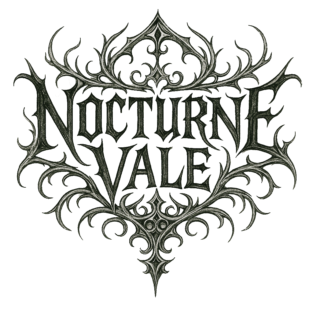 Ornate black logo with the words Nocturne Vale in gothic, spiky lettering, surrounded by symmetrical, thorn-like decorative elements forming an elaborate, dark frame.