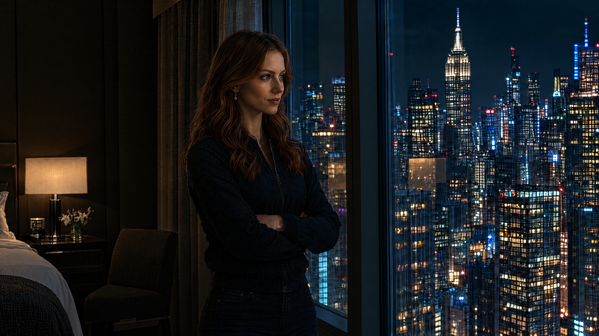 Ava in Greenwich am Fenster vor der Skyline von New York bei Nacht