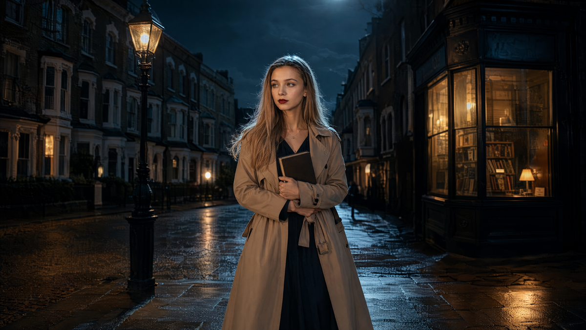 Elowen im Trenchcoat mit einem Buch vor einem Buchladen in London