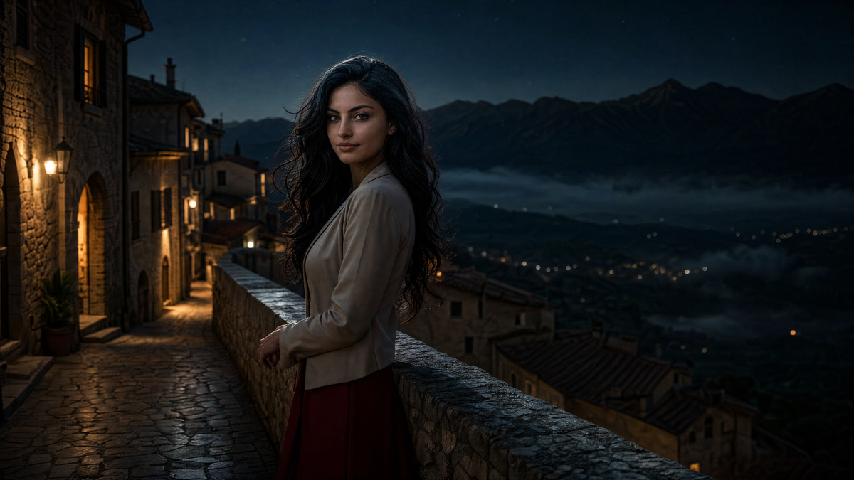 Viola an einer Mauer über Sarnano bei Nacht