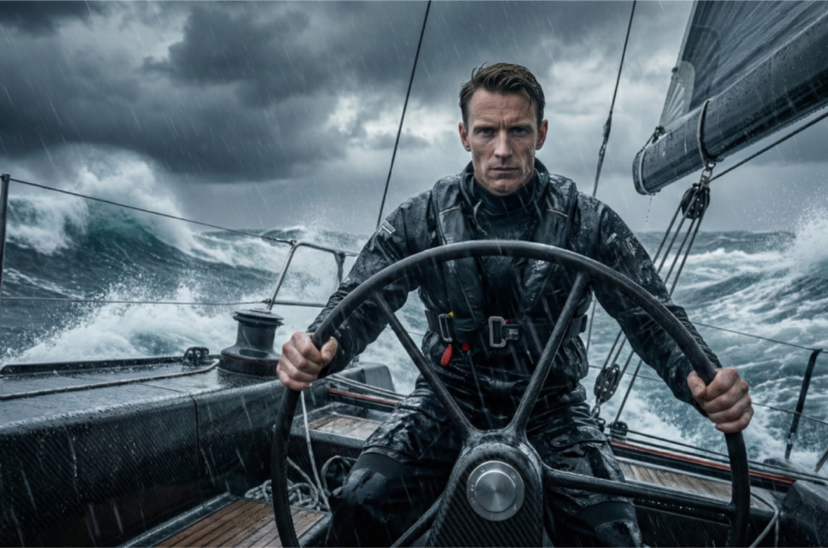 Ethan Chambers allein am Steuer einer Segeljacht im Sturm auf dem Nordatlantik
