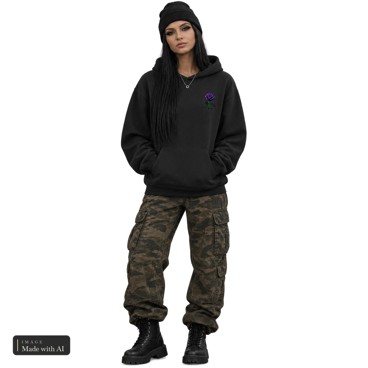 Ashen Wyrd · BigM · Kuschelhoodie, getragen von Amaya, Vorderansicht