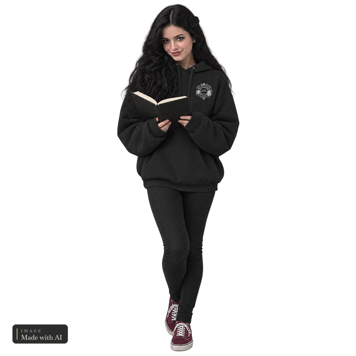 Dark Darlings · Luna · Kuschelhoodie, getragen von Luna, Vorderansicht