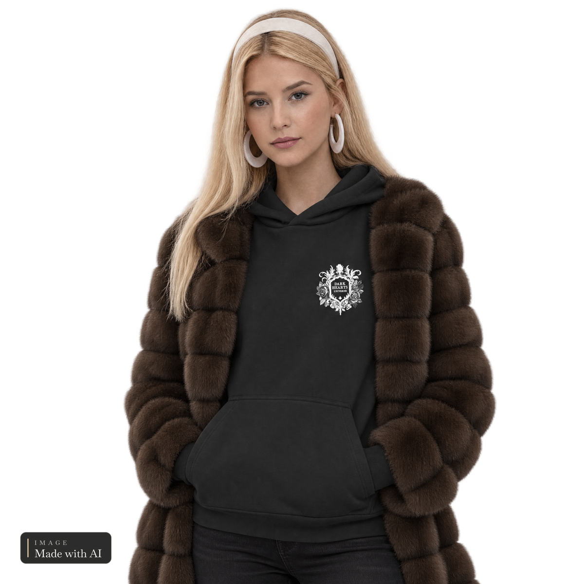 Dark Hearts Signature · Kuschelhoodie, getragen von Sanja mit Pelzmantel
