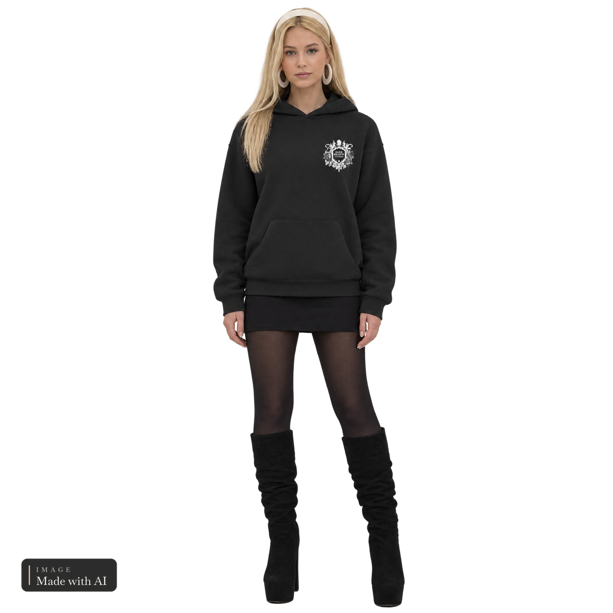 Dark Hearts Signature · Kuschelhoodie, getragen von Sanja, Vorderansicht