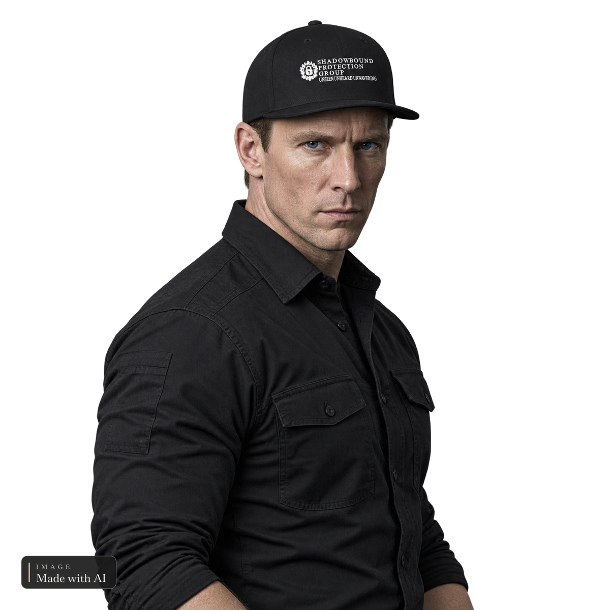 Shadowbound Protection Group · Cap, getragen von Ethan, Seitenansicht