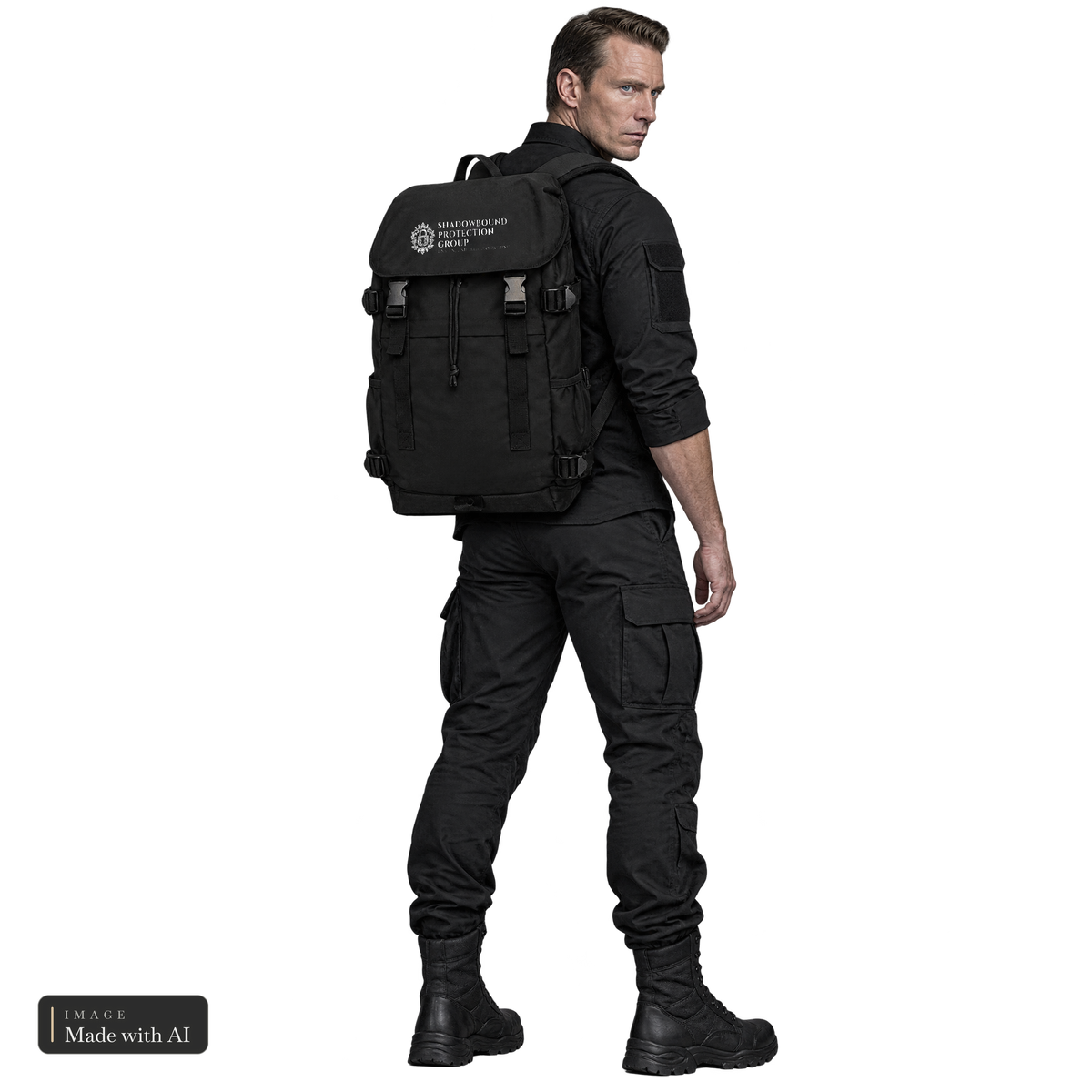 Shadowbound Protection Group · Rucksack, getragen von Ethan, Rückansicht