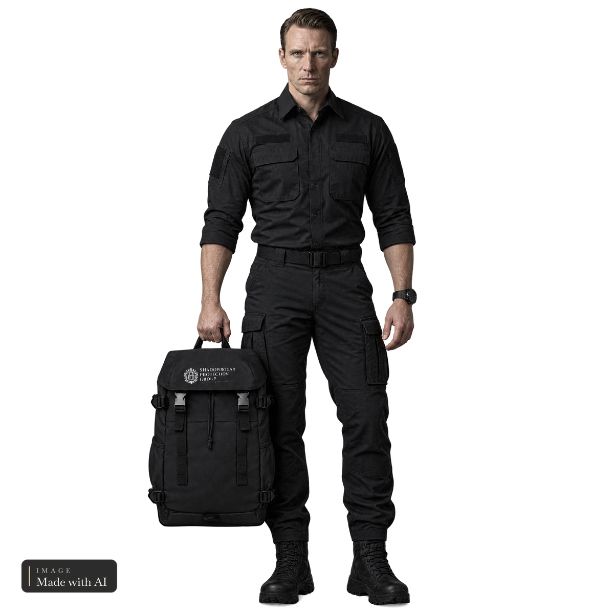 Shadowbound Protection Group · Rucksack, Ethan trägt ihn in der Hand