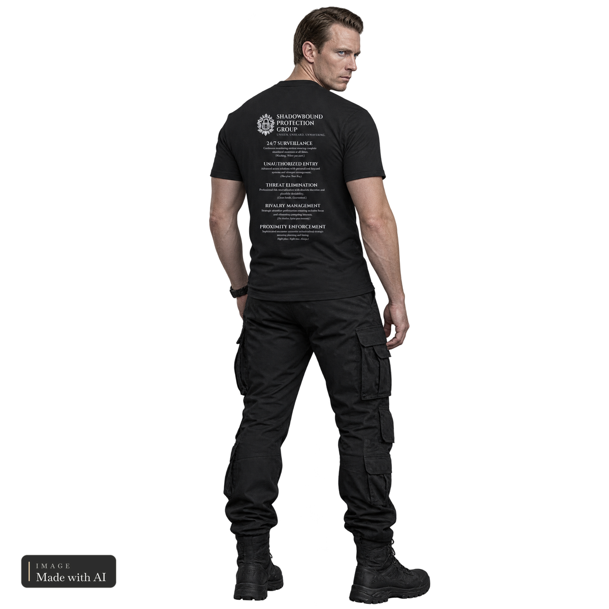 Shadowbound Protection Group · Services · Shirt, getragen von Ethan, Rückansicht