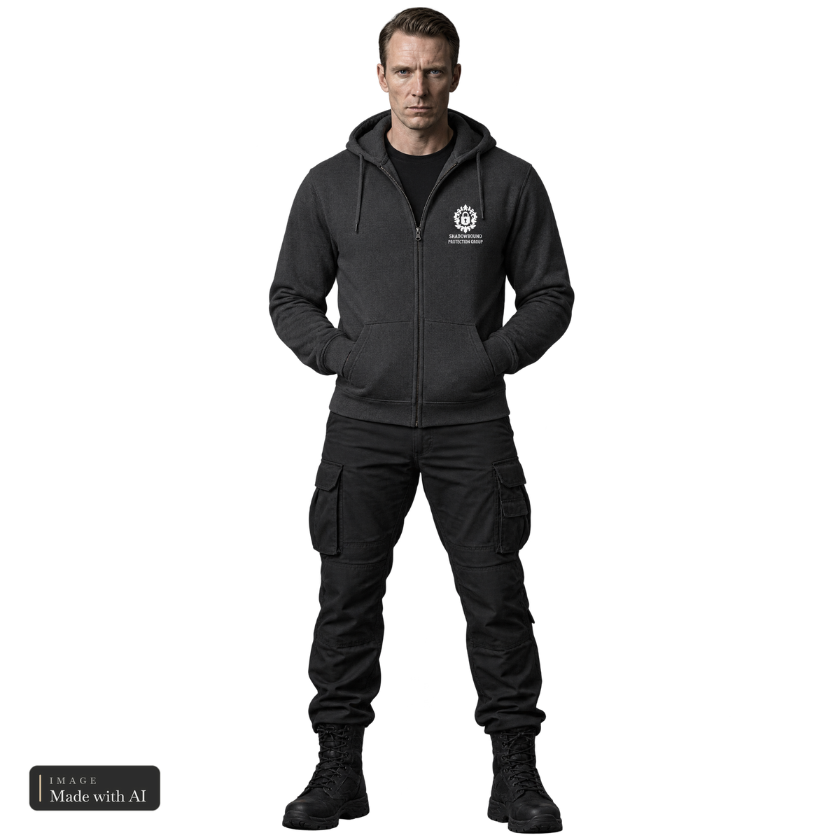 Shadowbound Protection Group · Services · Zipper, getragen von Ethan, Vorderansicht