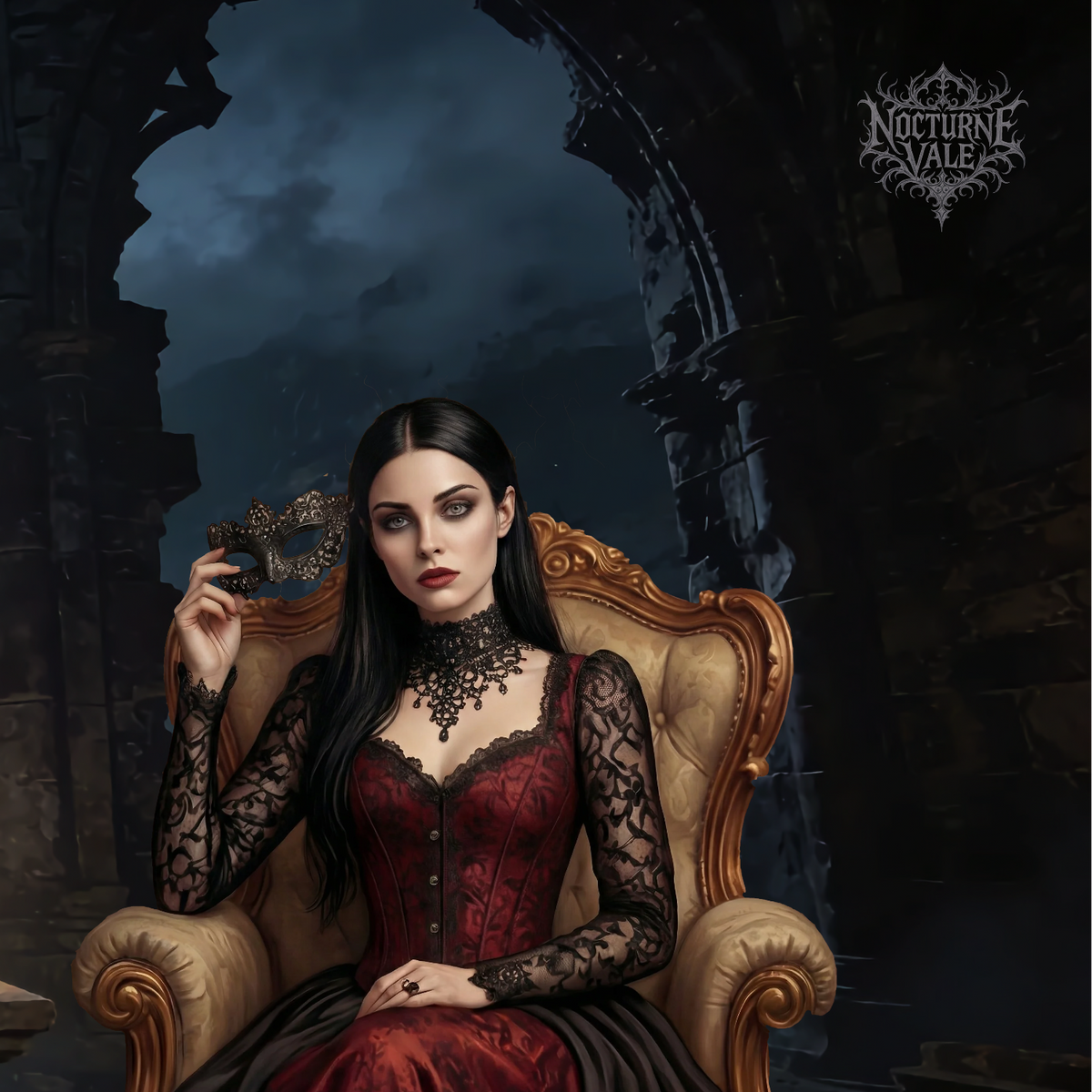 Katharina von Nocturne Vale mit Maske in einem goldenen Sessel