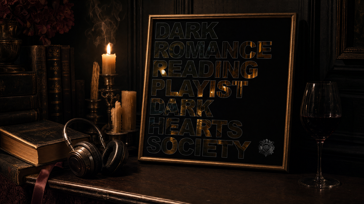 Playlist Dark Romance Reading, gerahmt neben Kopfhörern und Kerzen