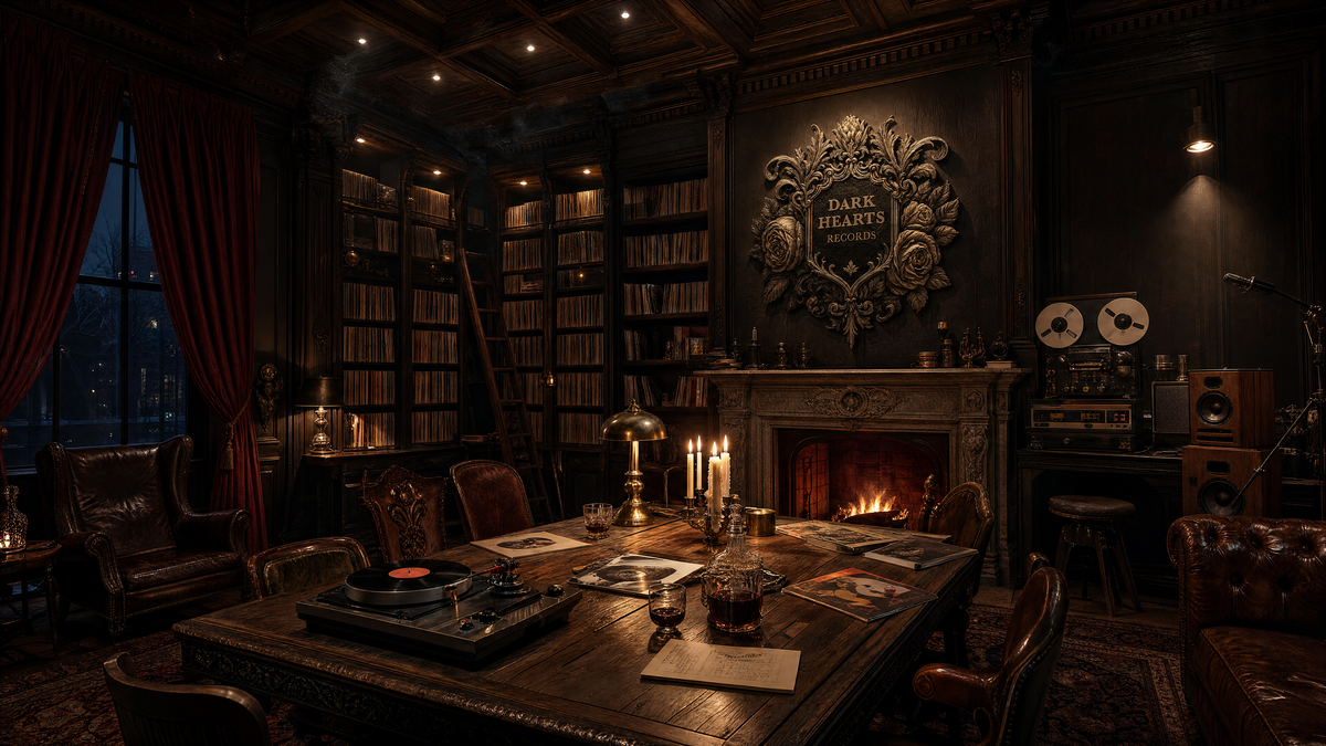Bibliothek mit Kamin und Plattenspieler bei Nacht